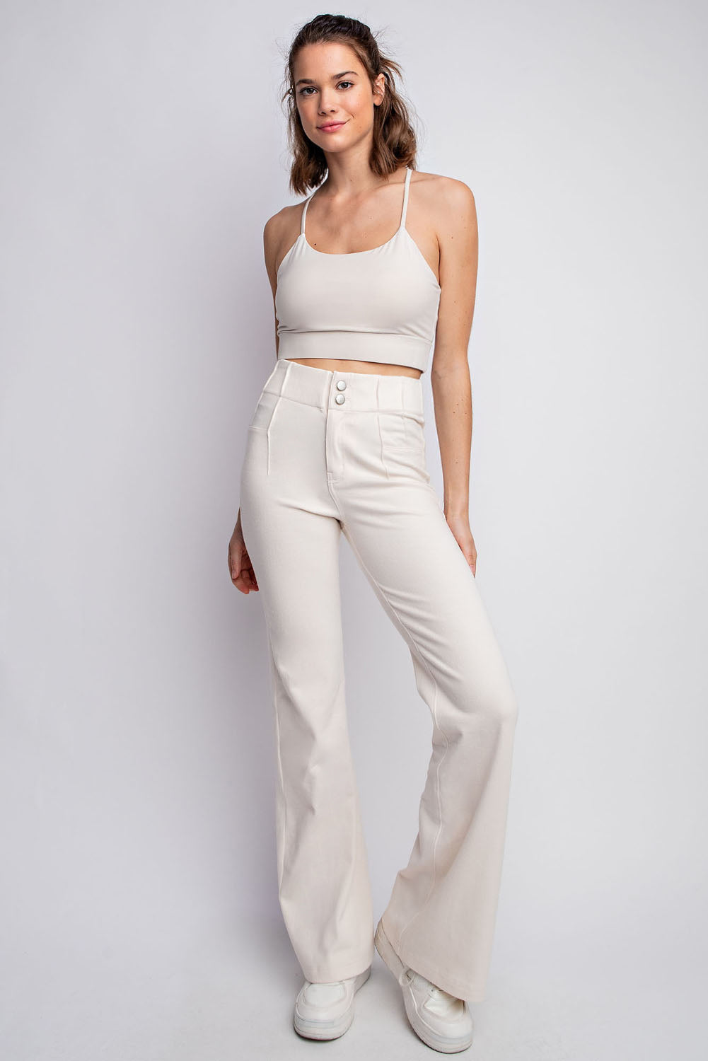 Triple Stretch Cotton Twill Wide Leg Double Button Trousers in Ivory