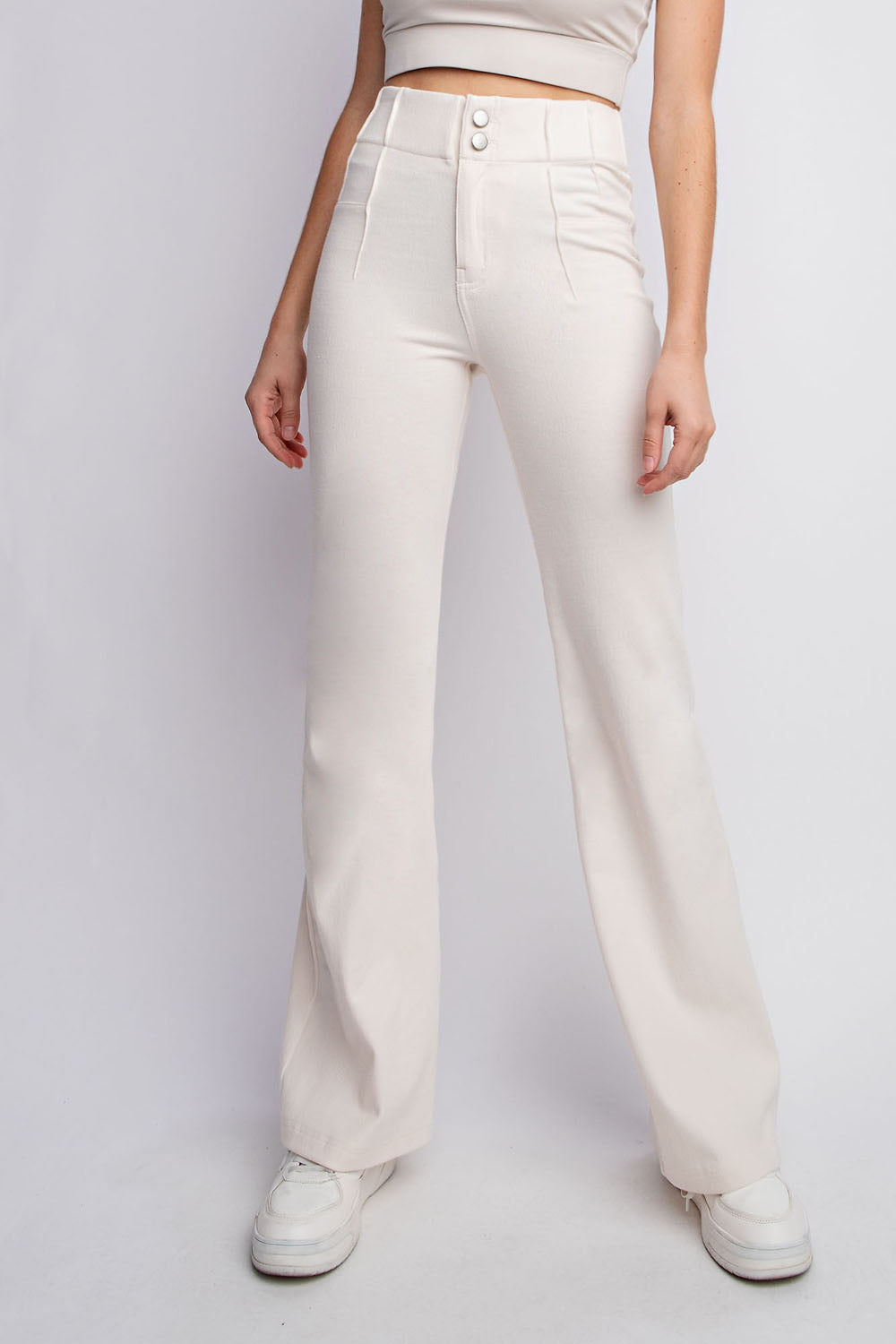 Triple Stretch Cotton Twill Wide Leg Double Button Trousers in Ivory