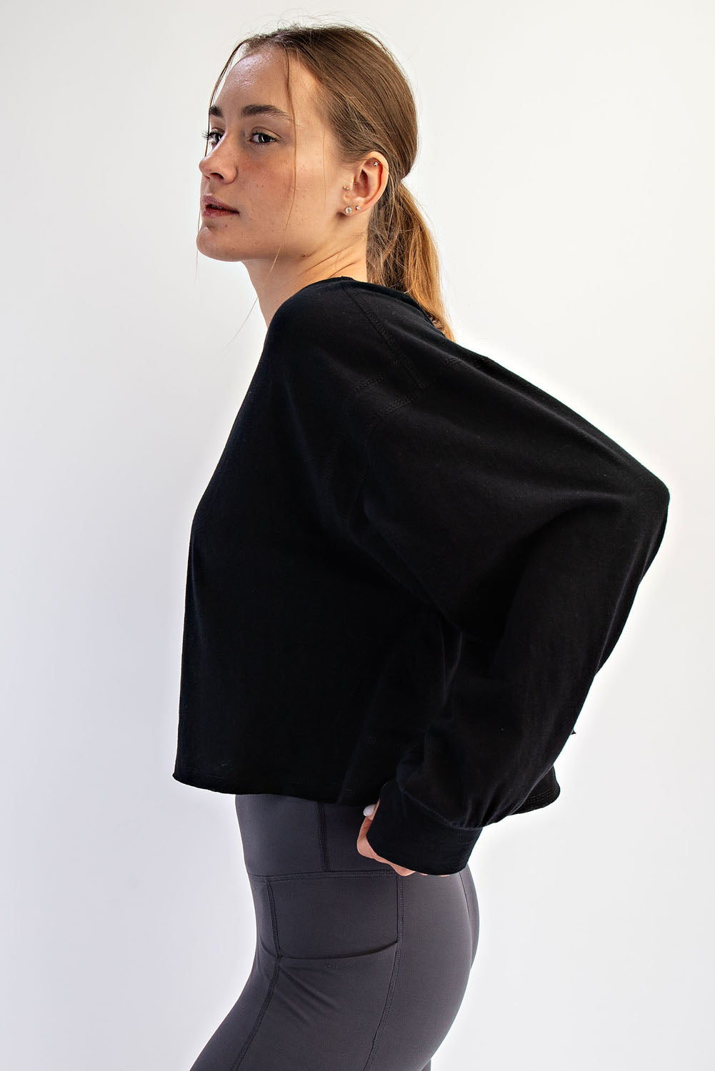 Open Back Long Sleeve Thumb Hole Top - Black