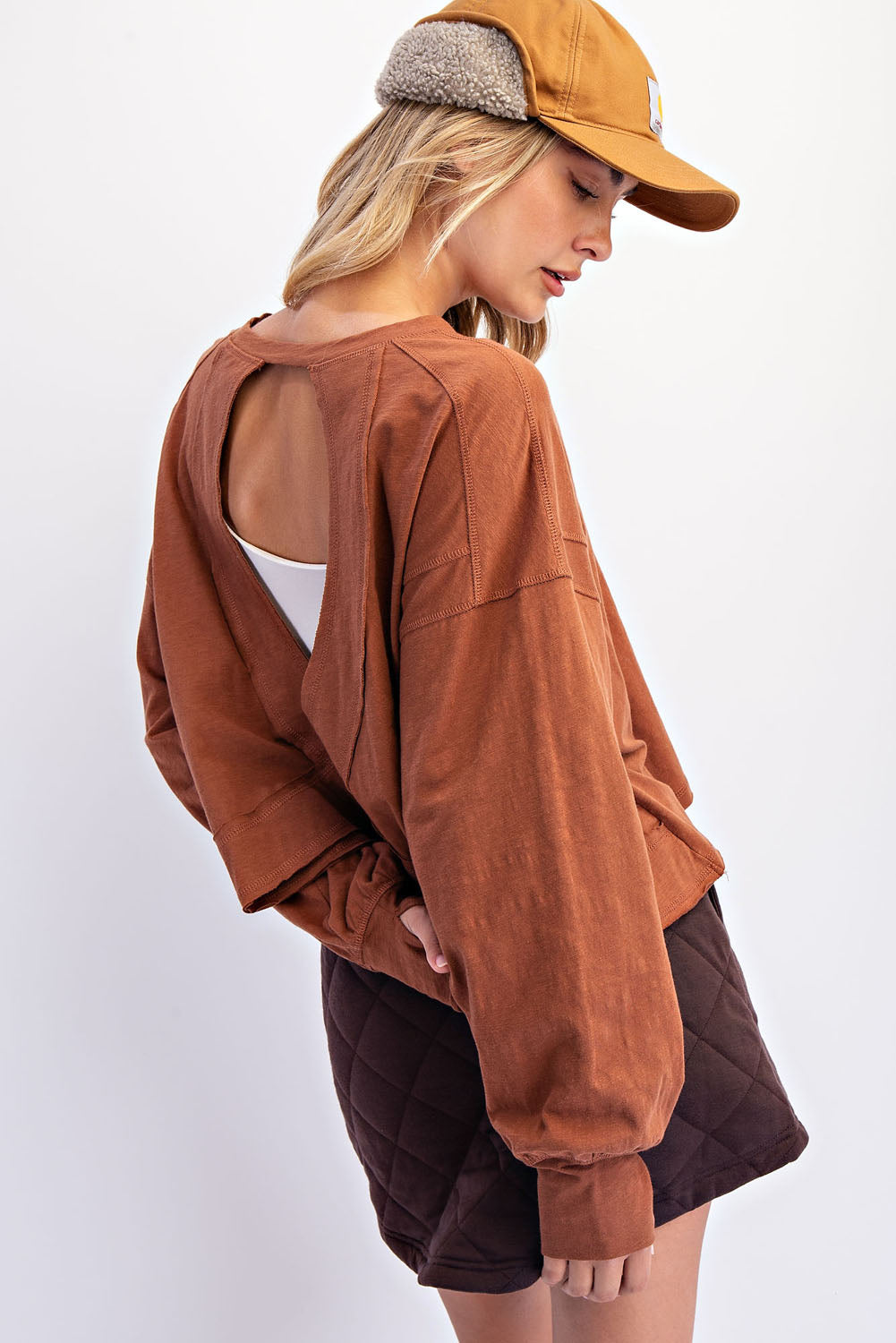 Open Back Long Sleeve Thumb Hole Top - Chesnut