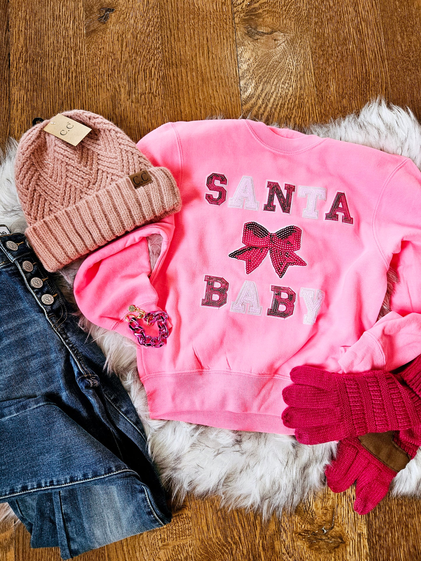 Santa Baby Sequin Chenille Patch Mommy and Me Sweatshirts - SALE