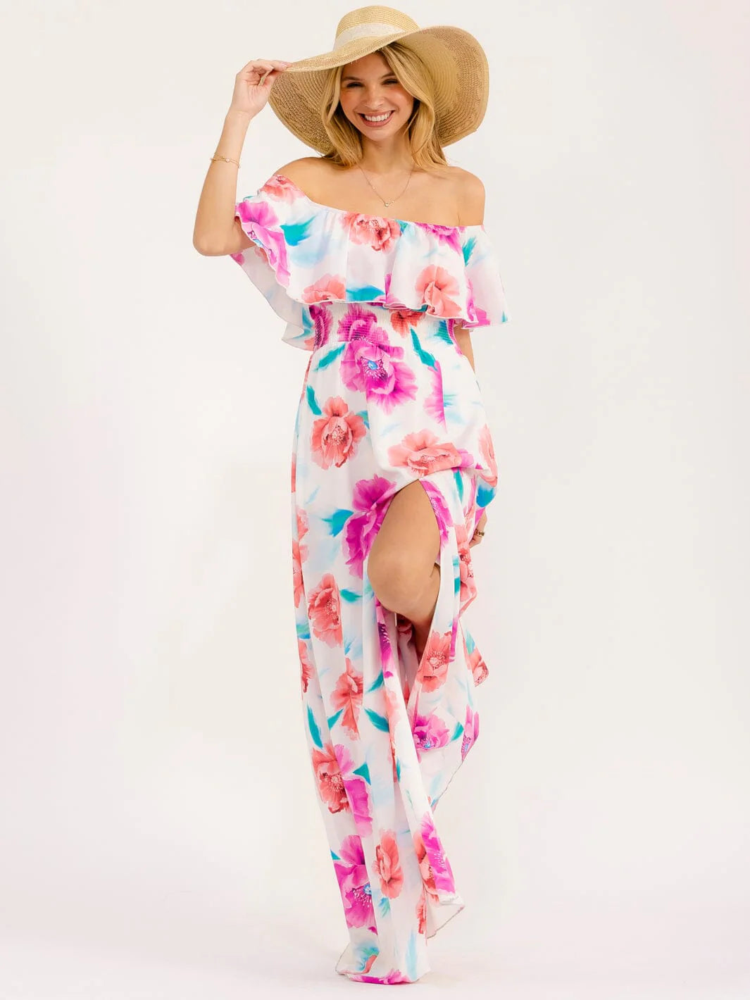 Pink Floral Off-Shoulder Maxi Dress