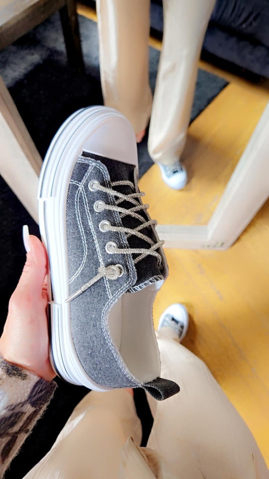 Very G Aman Black Sparkle Sneaker with Rhinestone Laces