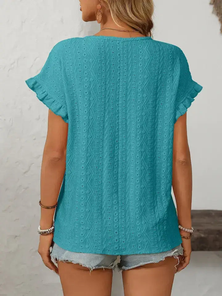 Light Blue Hollow-Out Crewneck Short Sleeve Summer Top: Turquoise blue / 65%Polyester+30%Viscose+5%Elastane / 2XL