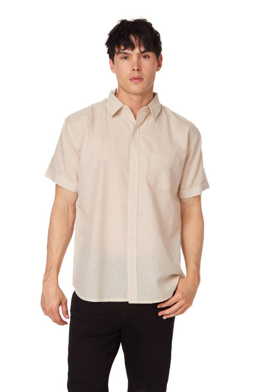 MEN'S Solid Chambray Cotton Short Sleeve Shirts : Beige - SALE