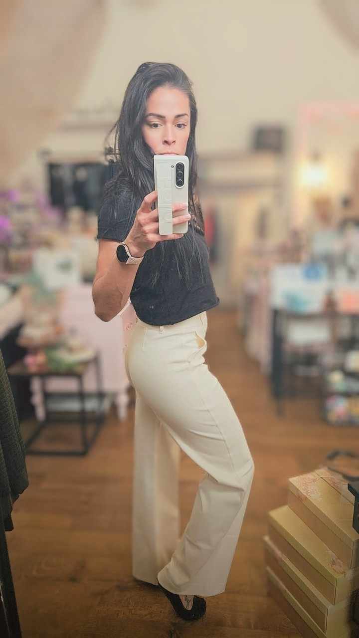 Triple Stretch Cotton Twill Wide Leg Trousers in Ivory