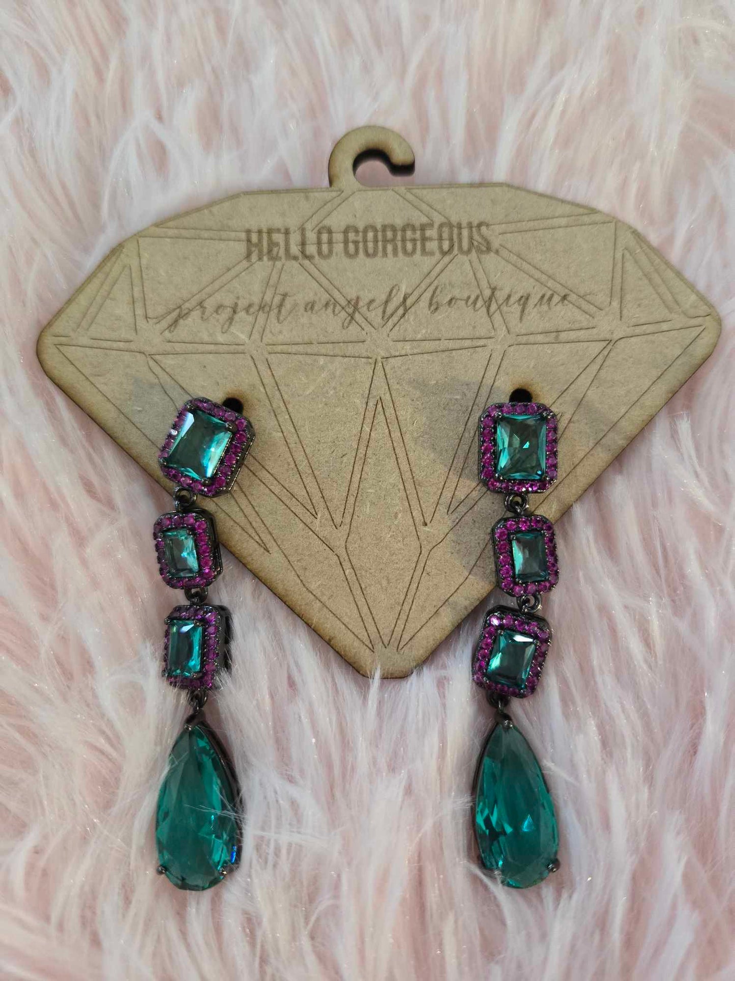 Pink and Teal Teardrop Rhinestone Earrings