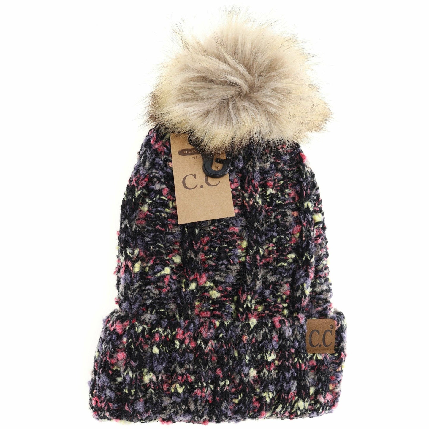 Fuzzy Lined Popcorn Confetti Fur Pom CC Beanie : Rose Multi