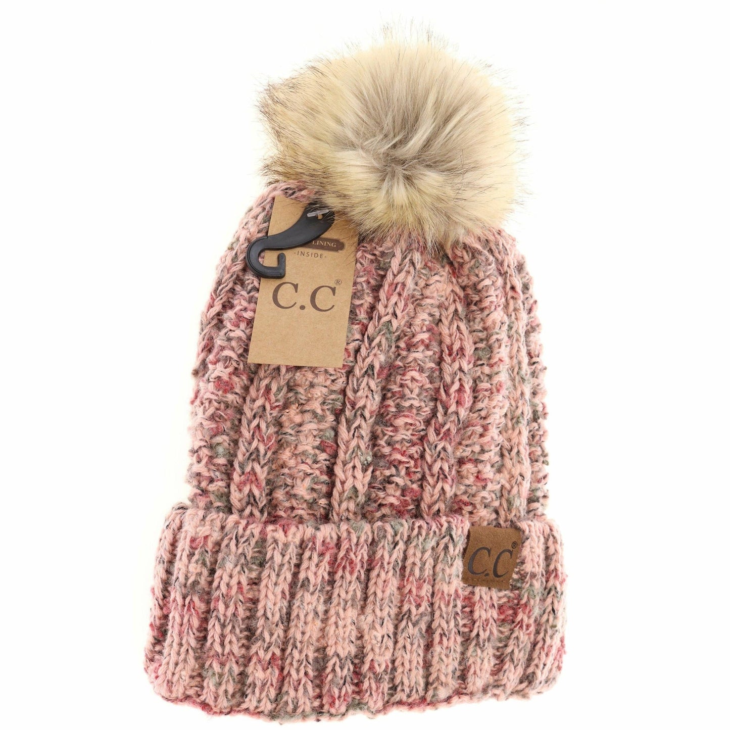 Fuzzy Lined Popcorn Confetti Fur Pom CC Beanie : Navy Multi