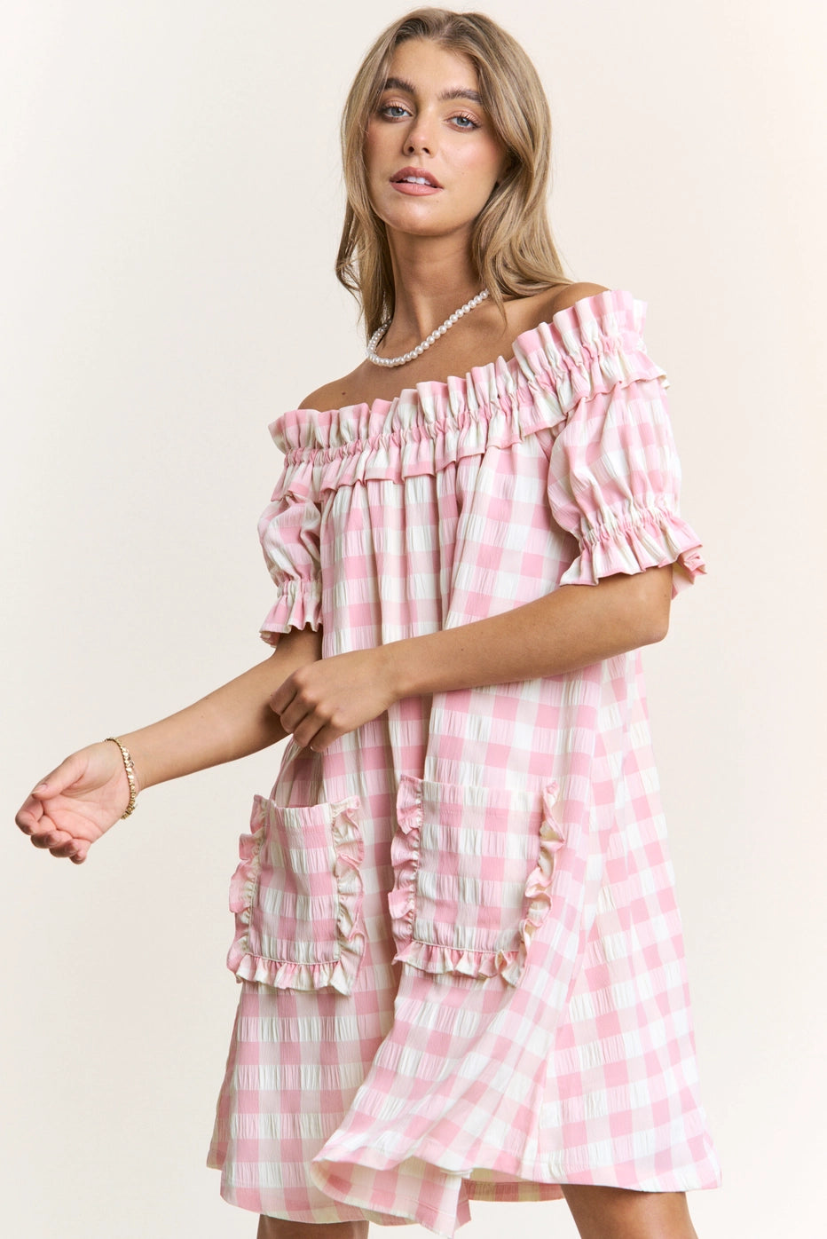 Pink Checkered Off Shoulder Midi Dress with Pockets – Project Angels  Boutique, LLC