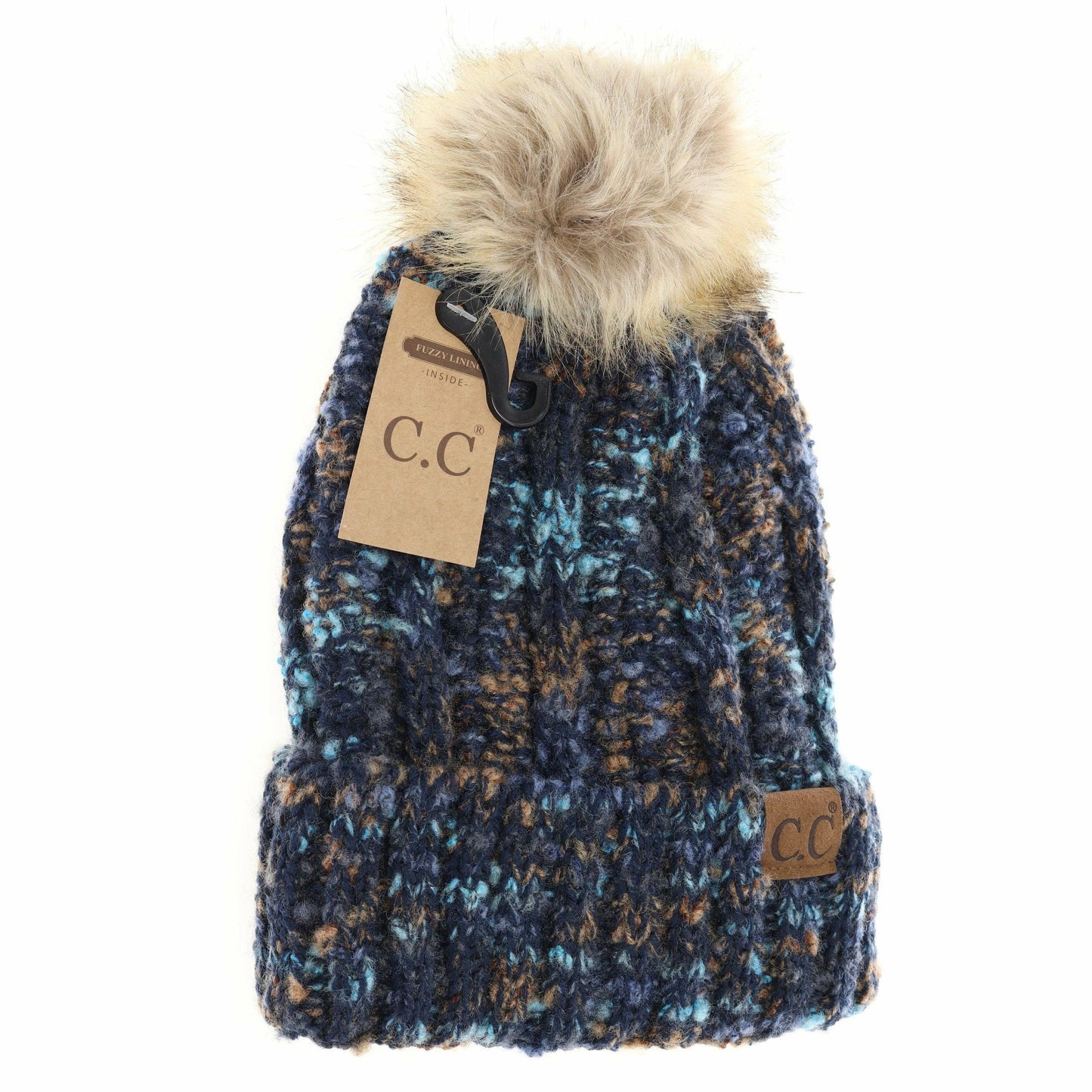 Fuzzy Lined Popcorn Confetti Fur Pom CC Beanie : Beige Multi