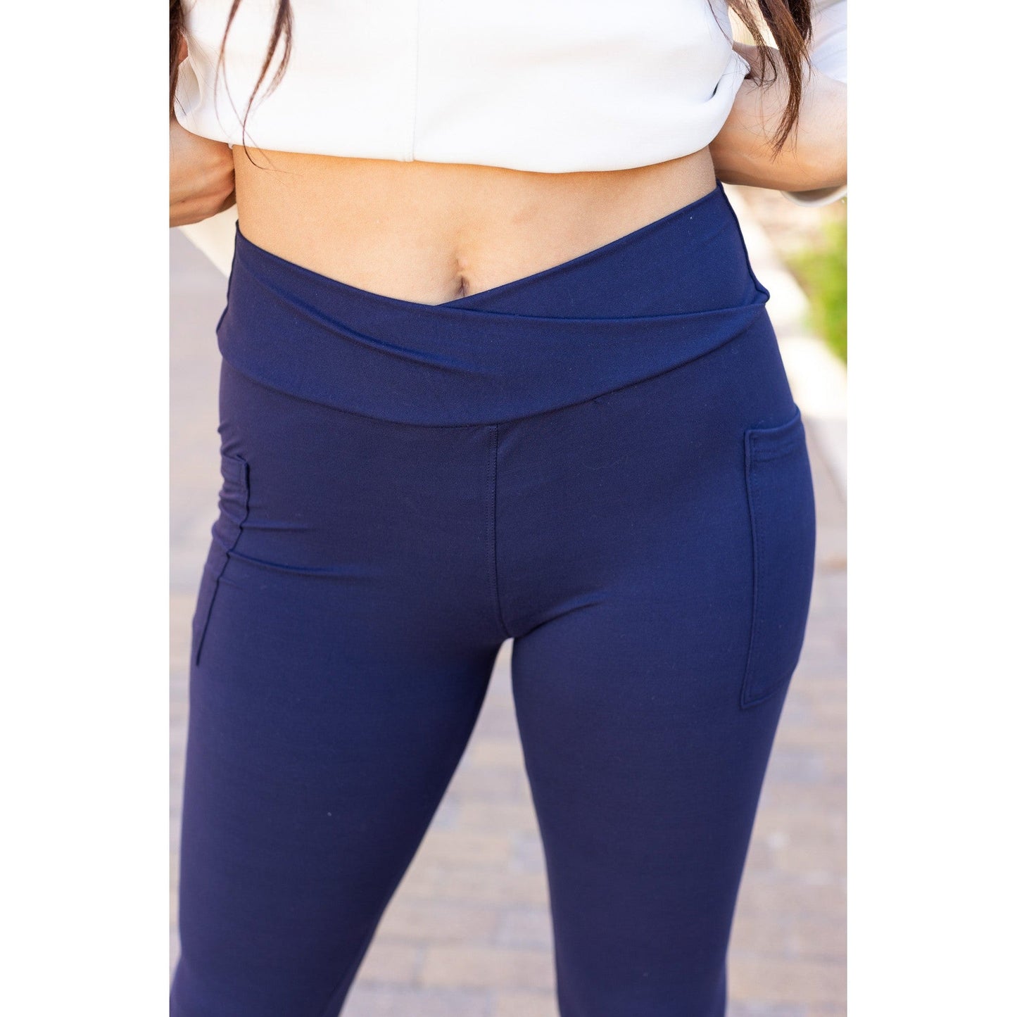 The Nadia - NAVY Crossover Full Length Leggings with Pockets