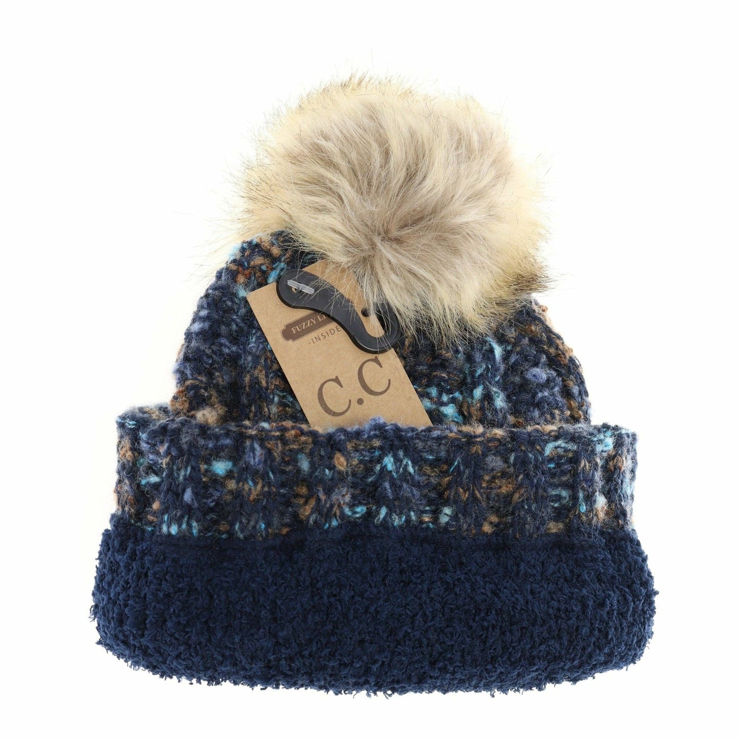 Fuzzy Lined Popcorn Confetti Fur Pom CC Beanie : Navy Multi