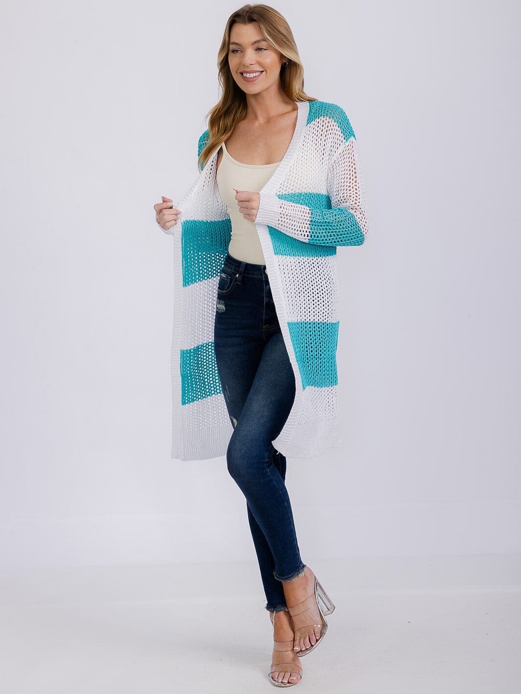 Teal & White Lightweight Knit Cardigan