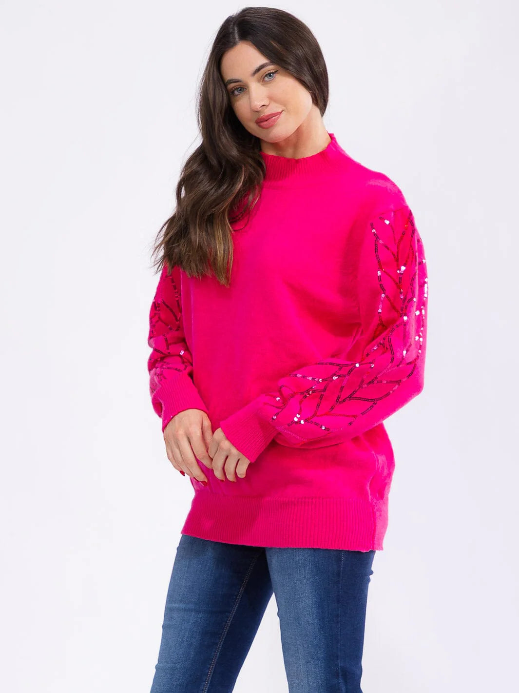 Women's Sequin-Embellished Pullover in Hot Pink