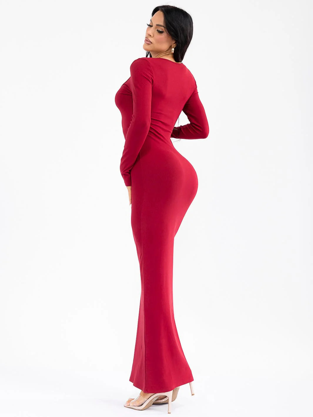 Bodycon Long Sleeve Ribbed Maxi Dress in Red