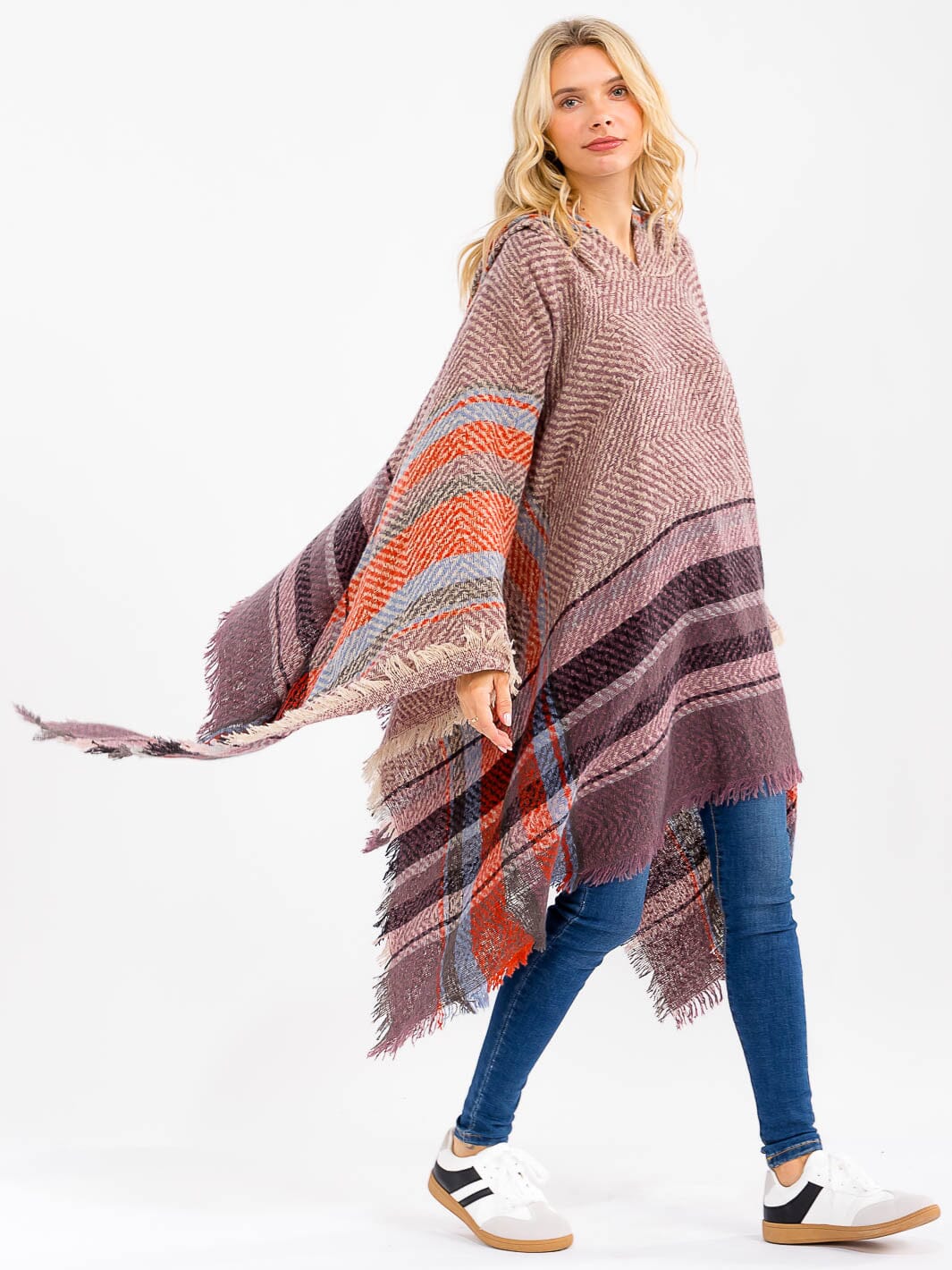 Hooded Plaid Pullover Poncho - One Size