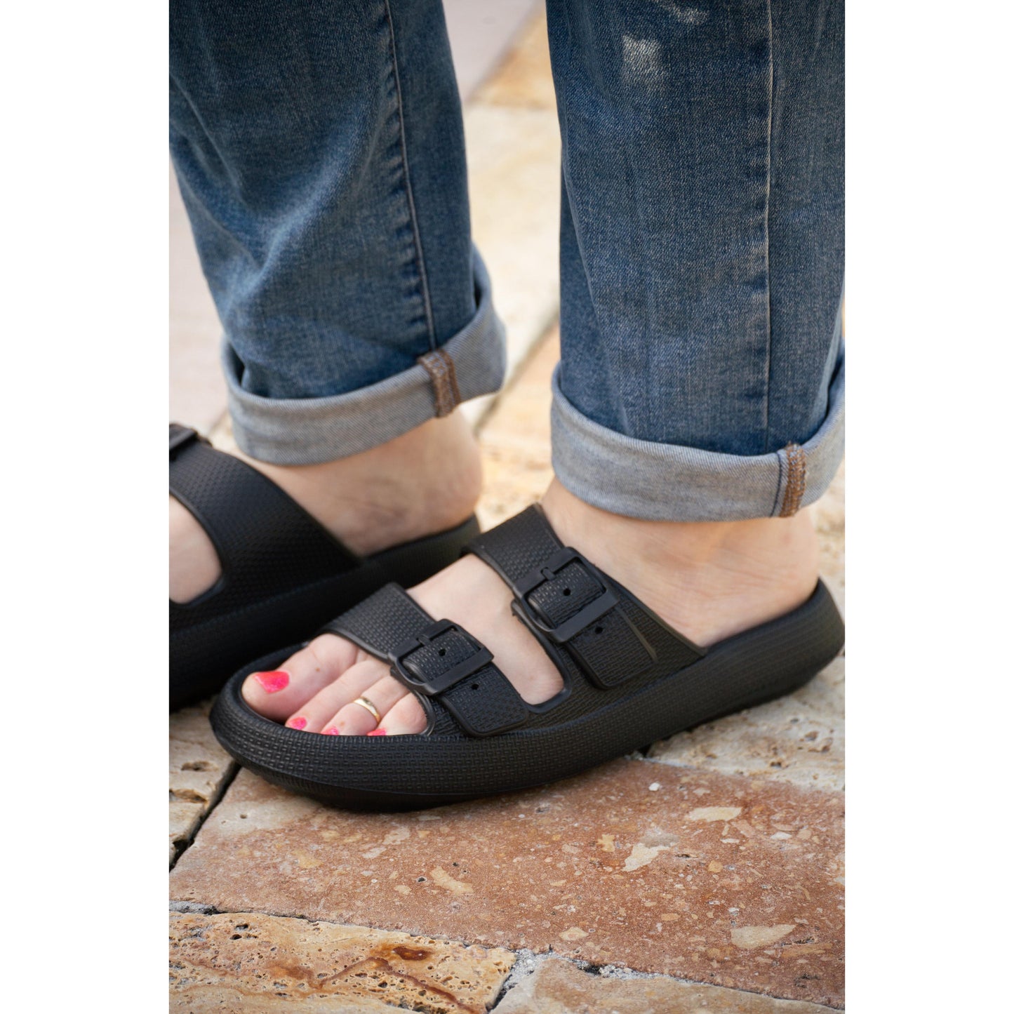 Black Buckle Slide Sandals