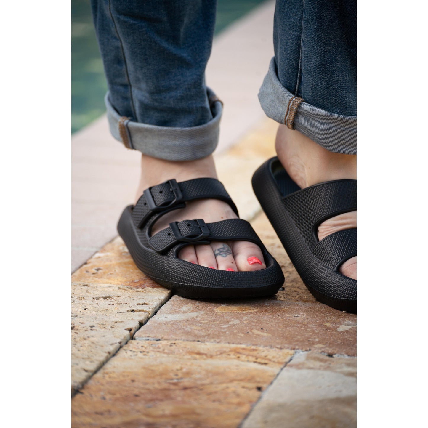Black Buckle Slide Sandals
