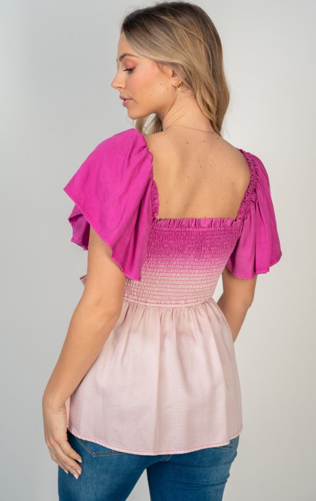 Short Sleeve Ombre Denim Bow Top - SALE