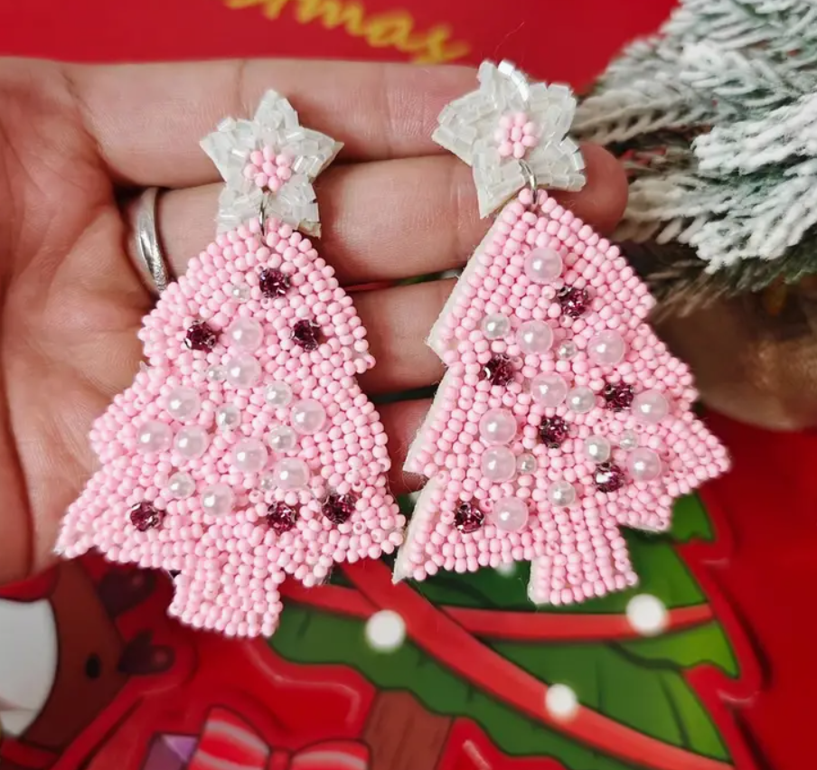 Beaded Christmas Tree Earrings with Rhinestones - Pinks