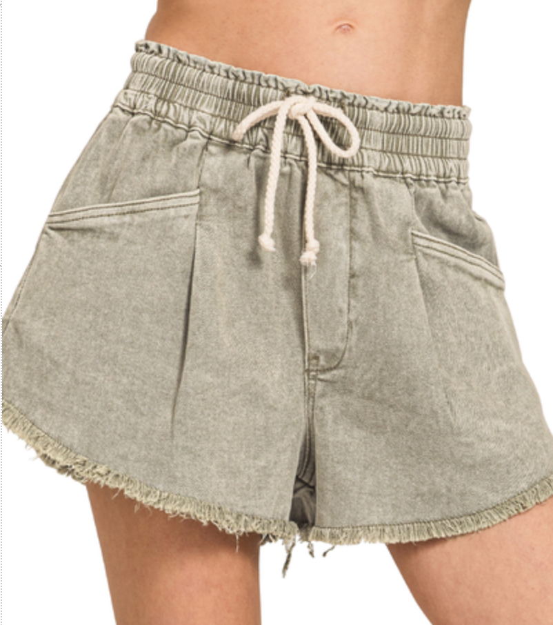 Acid Washed Frey Hem Shorts in Olive - SALE