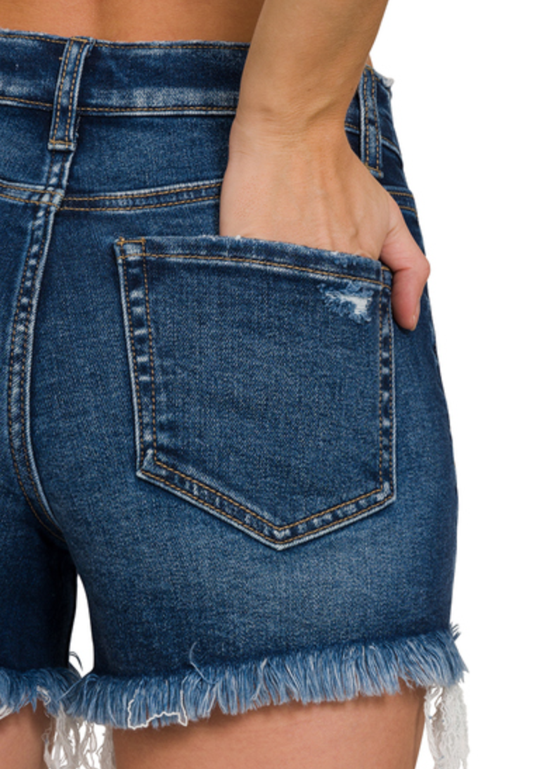 Mid Rise Washed Denim Raw Hem Shorts - SALE
