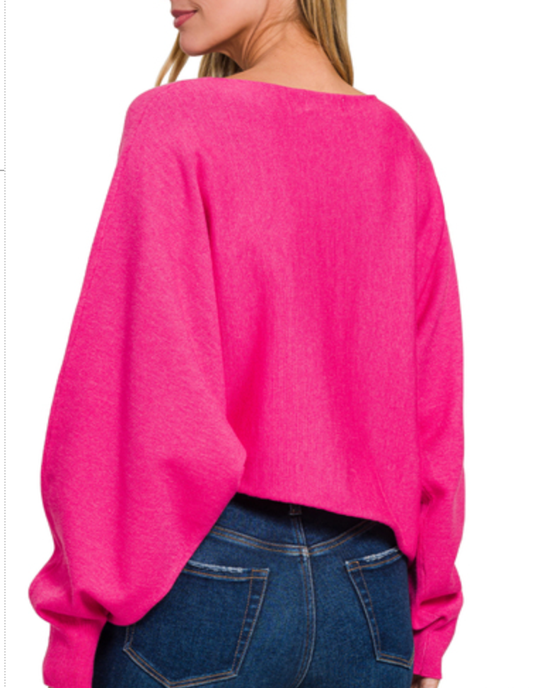 Viscose Asymmetrical Hem and Sleeve Sweater - Hot Pink