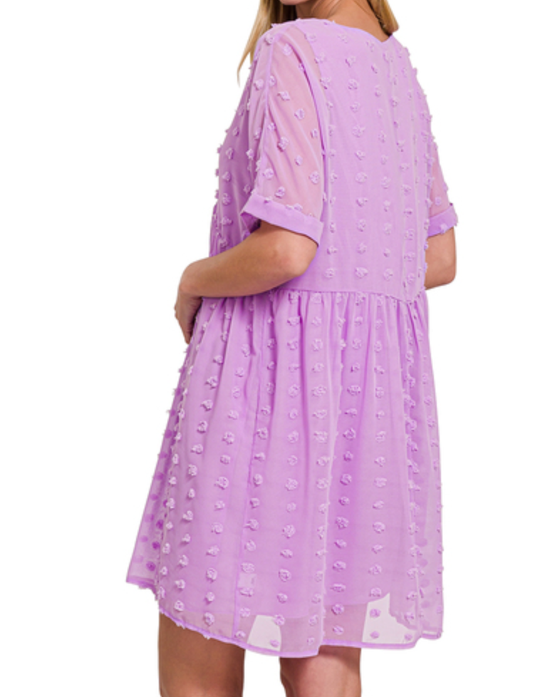 Lilac Swiss Dot V-Neck Babydoll Dress