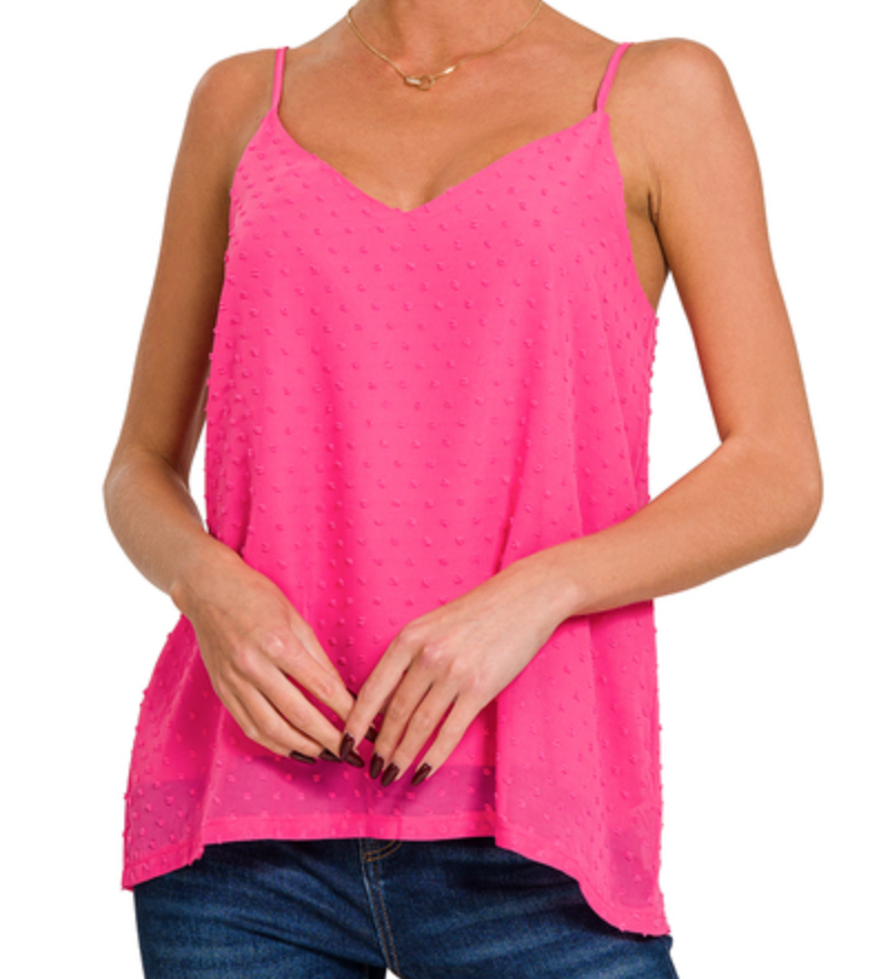 Swiss Dot V-Neck Adjustable Strap Tank - Hot Pink