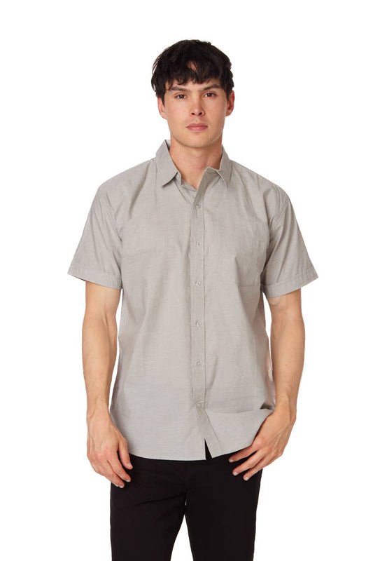 MEN'S Solid Chambray Cotton Short Sleeve Shirts in Grey - SALE