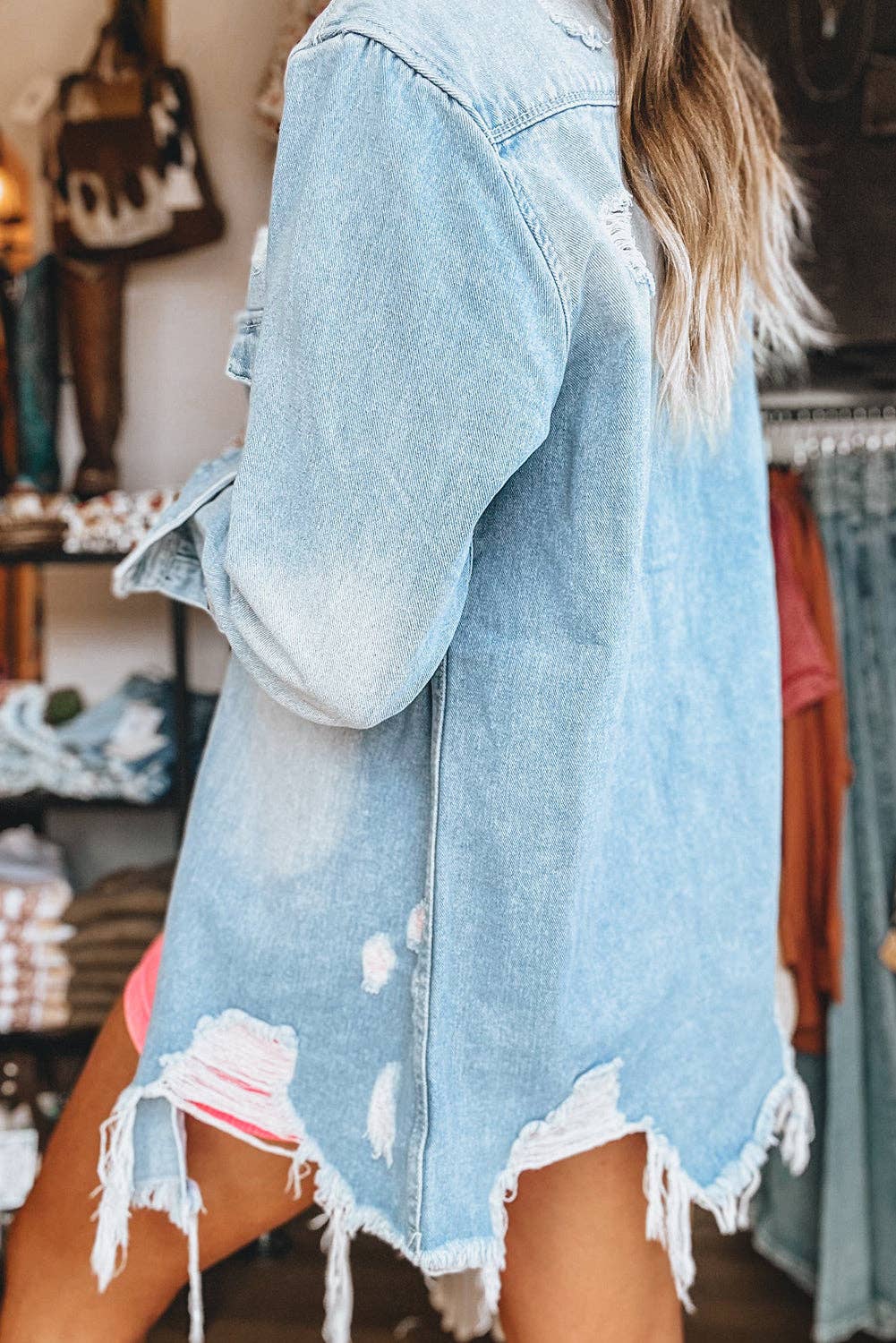 Light Wash Distressed Frayed Long Denim Jacket - SALE