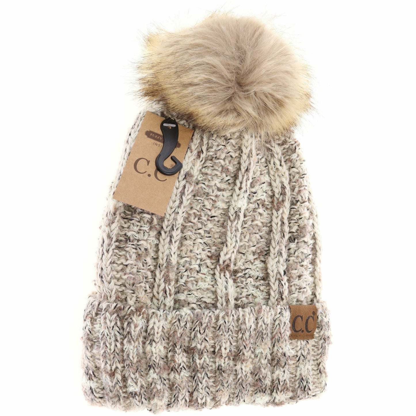 Fuzzy Lined Popcorn Confetti Fur Pom CC Beanie : Rose Multi