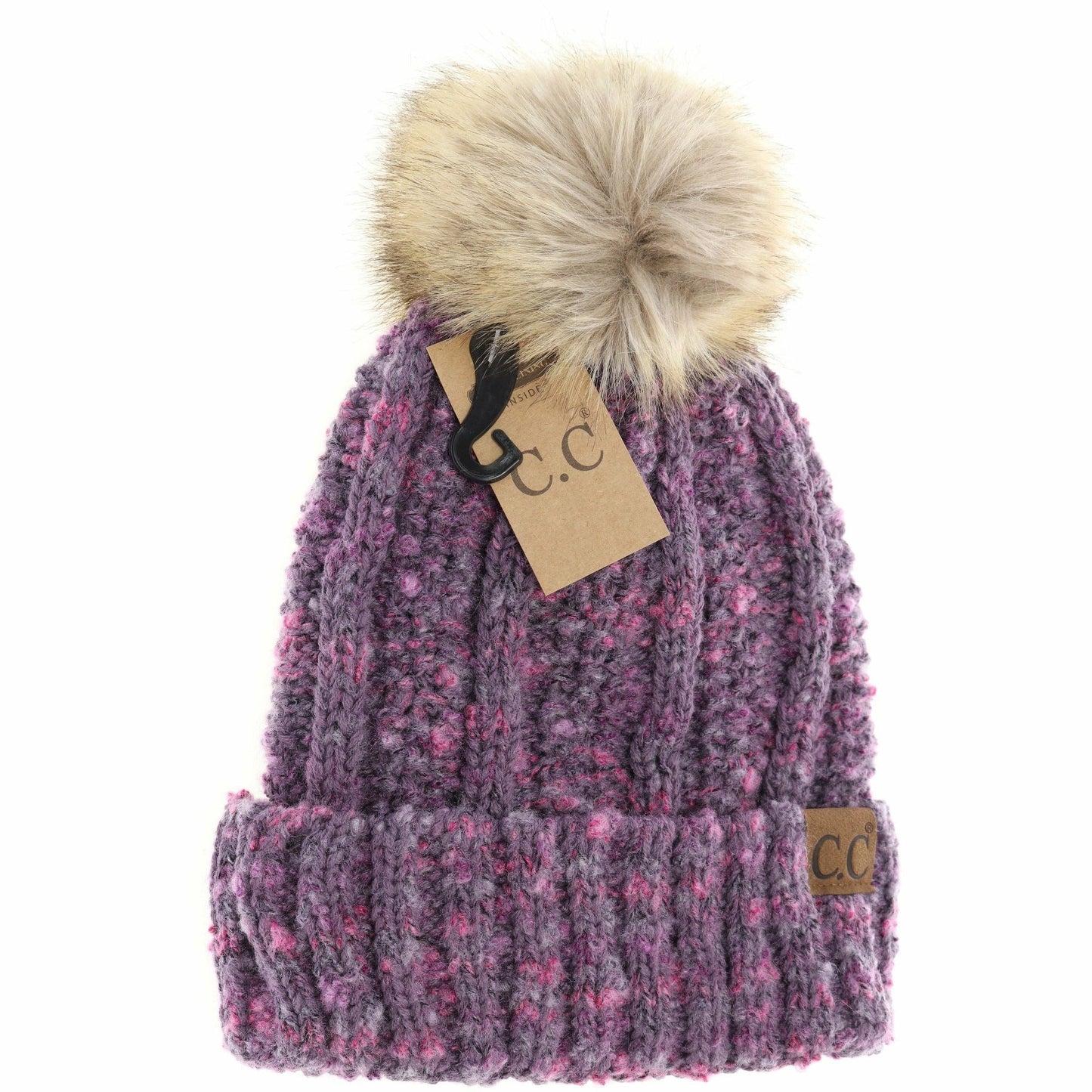 Fuzzy Lined Popcorn Confetti Fur Pom CC Beanie : Rose Multi