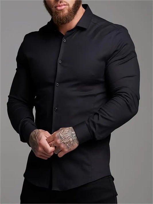 MEN'S Stretch Wrinkle-Free Long Sleeve Button Down Shirt in Black