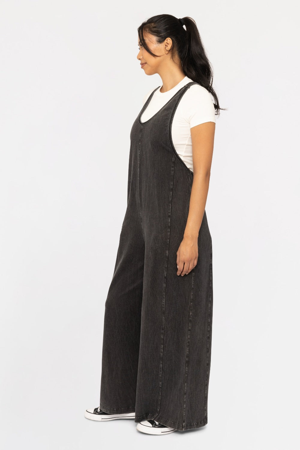 Black Mineral Wash Wide Leg Jumpsuit - SALE