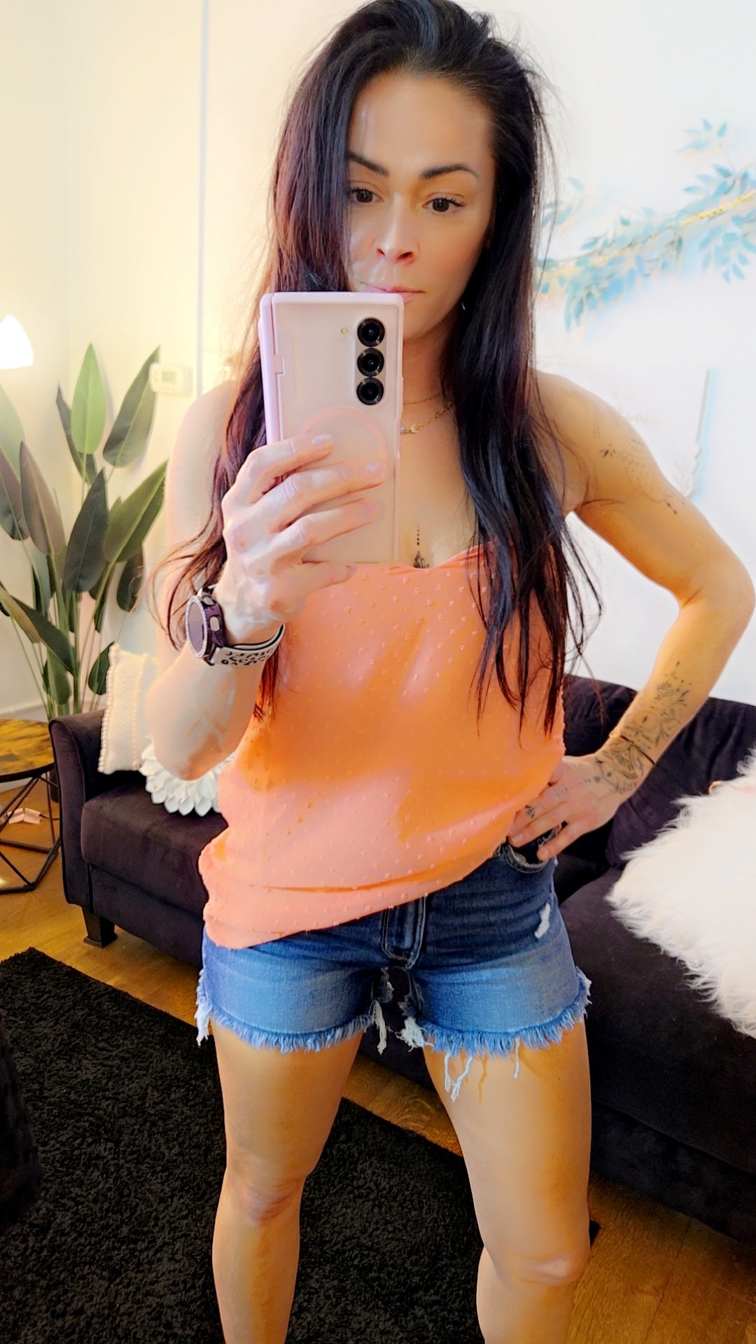 Swiss Dot V-Neck Adjustable Strap Tank - Coral