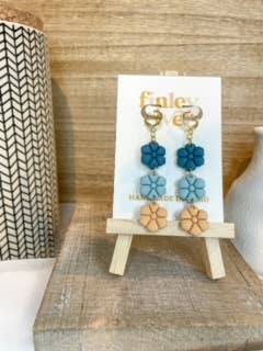 Triple Flower Dangles | Blues/Yellows | Clay Earrings