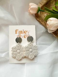Embossed Mandala Flowers | Cream | Clay Earrings