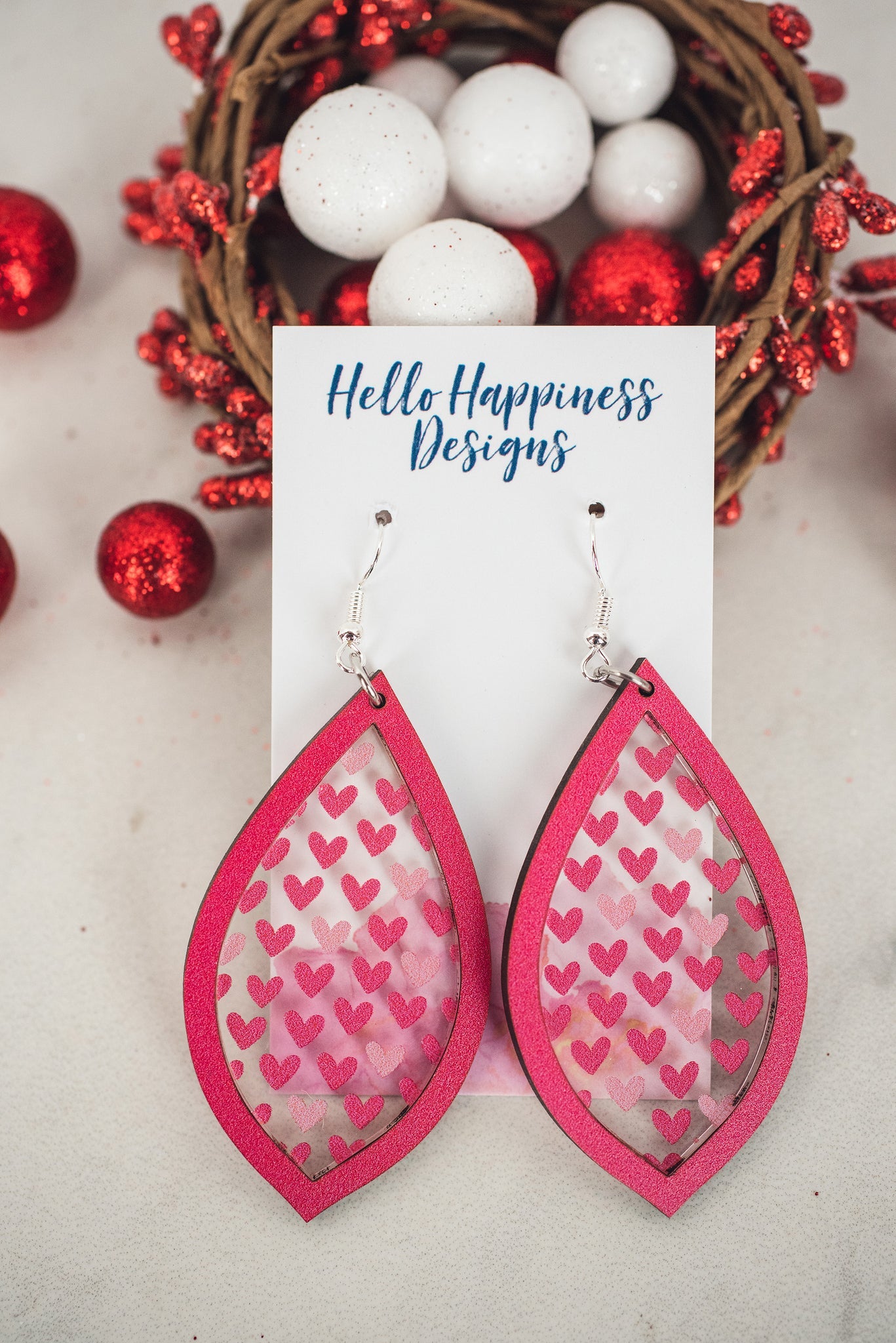 Pink Heart Acrylic Teardrop Inset Dangles - So in Love Collection