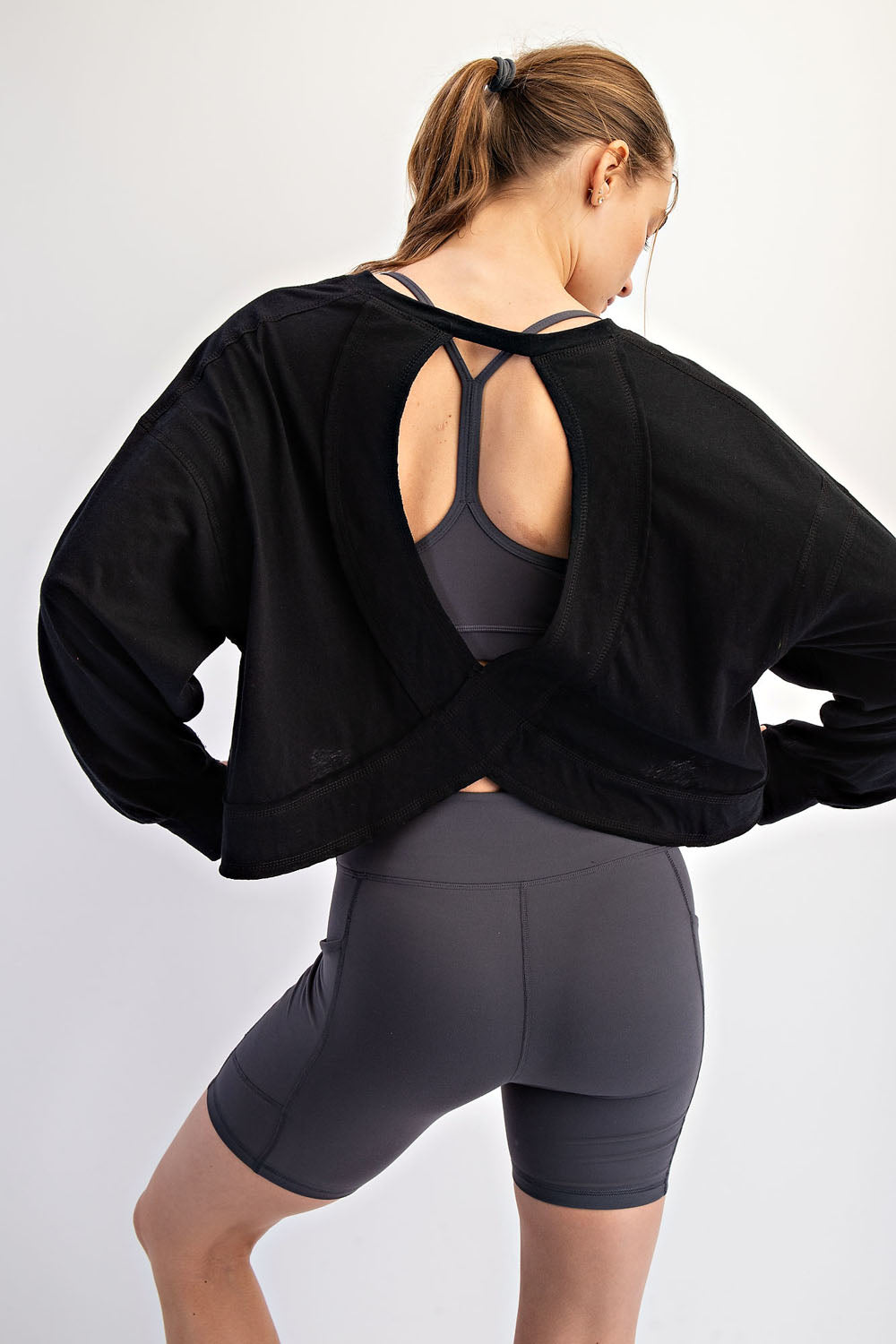 Open Back Long Sleeve Thumb Hole Top - Black