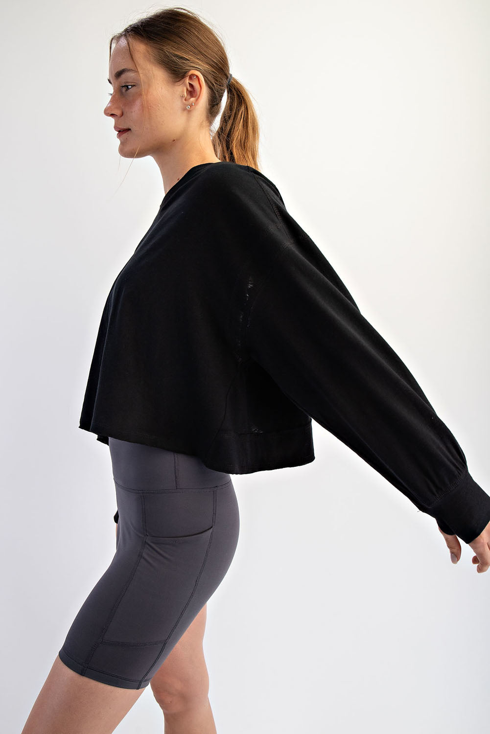 Open Back Long Sleeve Thumb Hole Top - Black