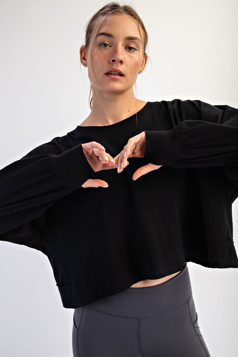 Open Back Long Sleeve Thumb Hole Top - Black