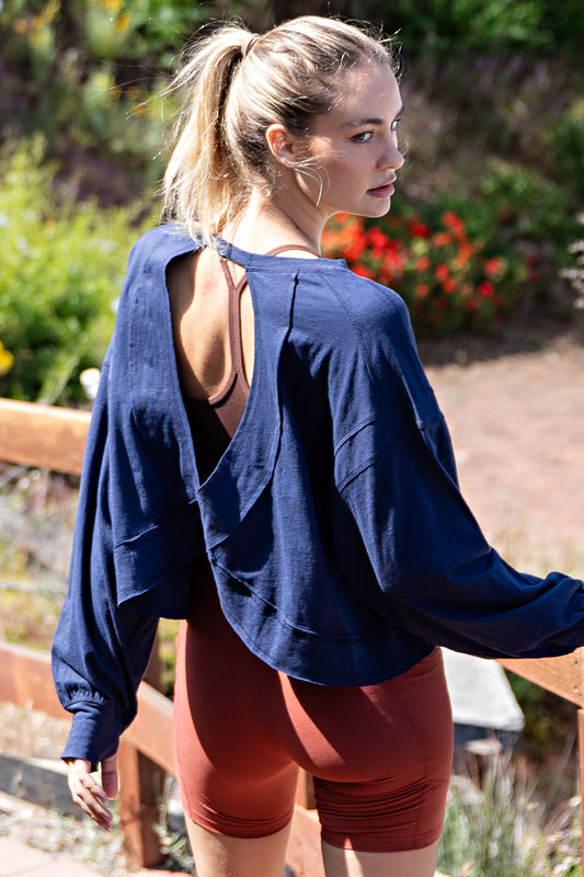 Open Back Long Sleeve Thumb Hole Top - Navy