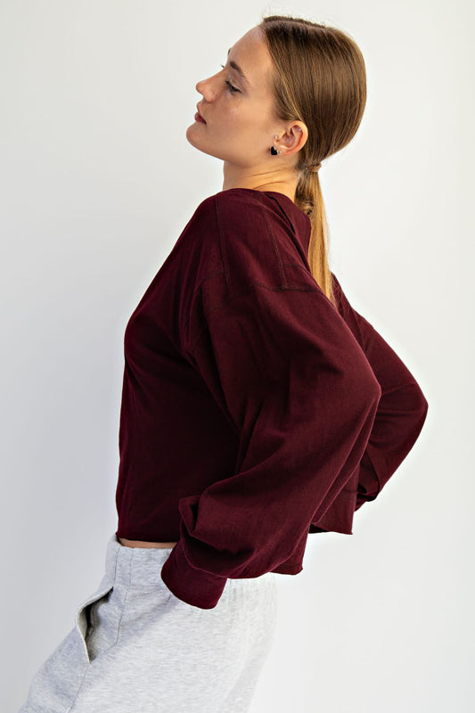 Open Back Long Sleeve Thumb Hole Top - Wine