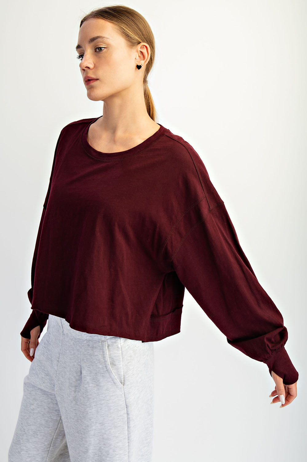 Open Back Long Sleeve Thumb Hole Top - Wine