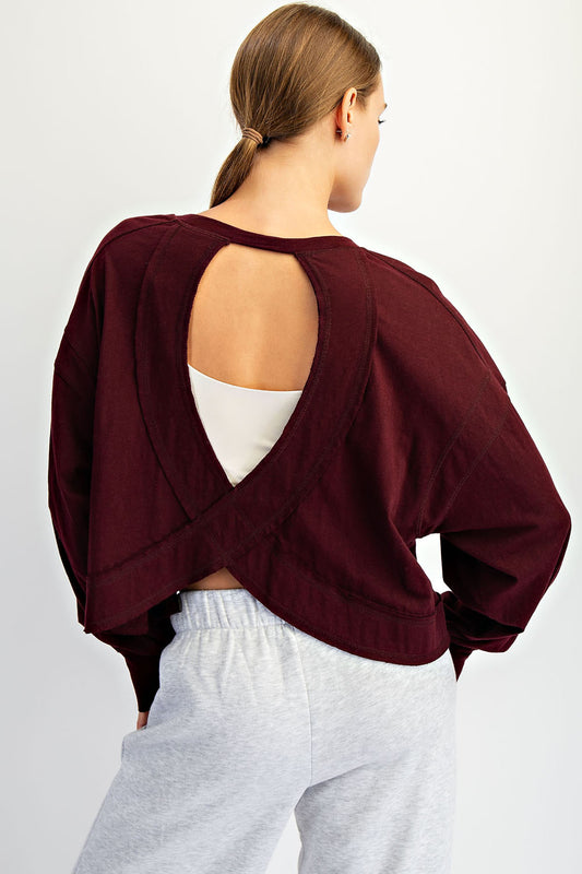 Open Back Long Sleeve Thumb Hole Top - Wine