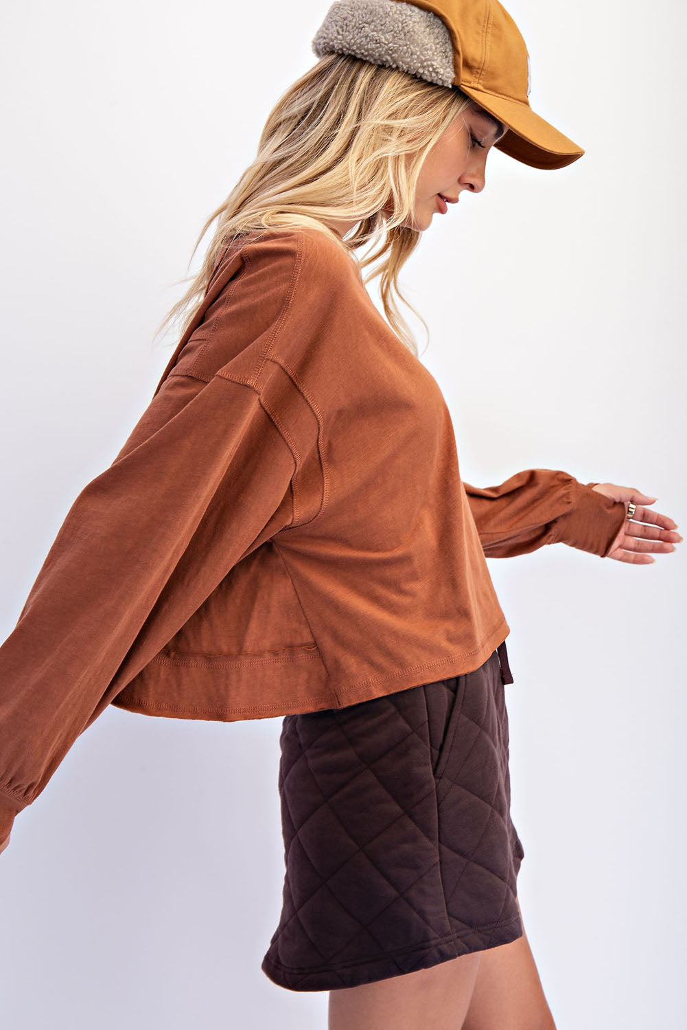 Open Back Long Sleeve Thumb Hole Top - Chesnut