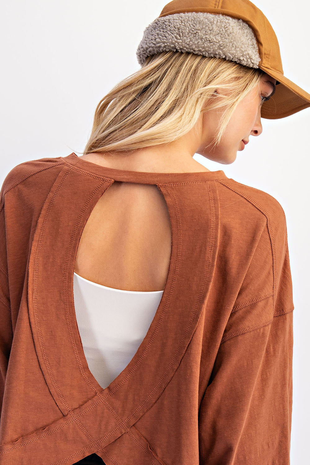 Open Back Long Sleeve Thumb Hole Top - Chesnut