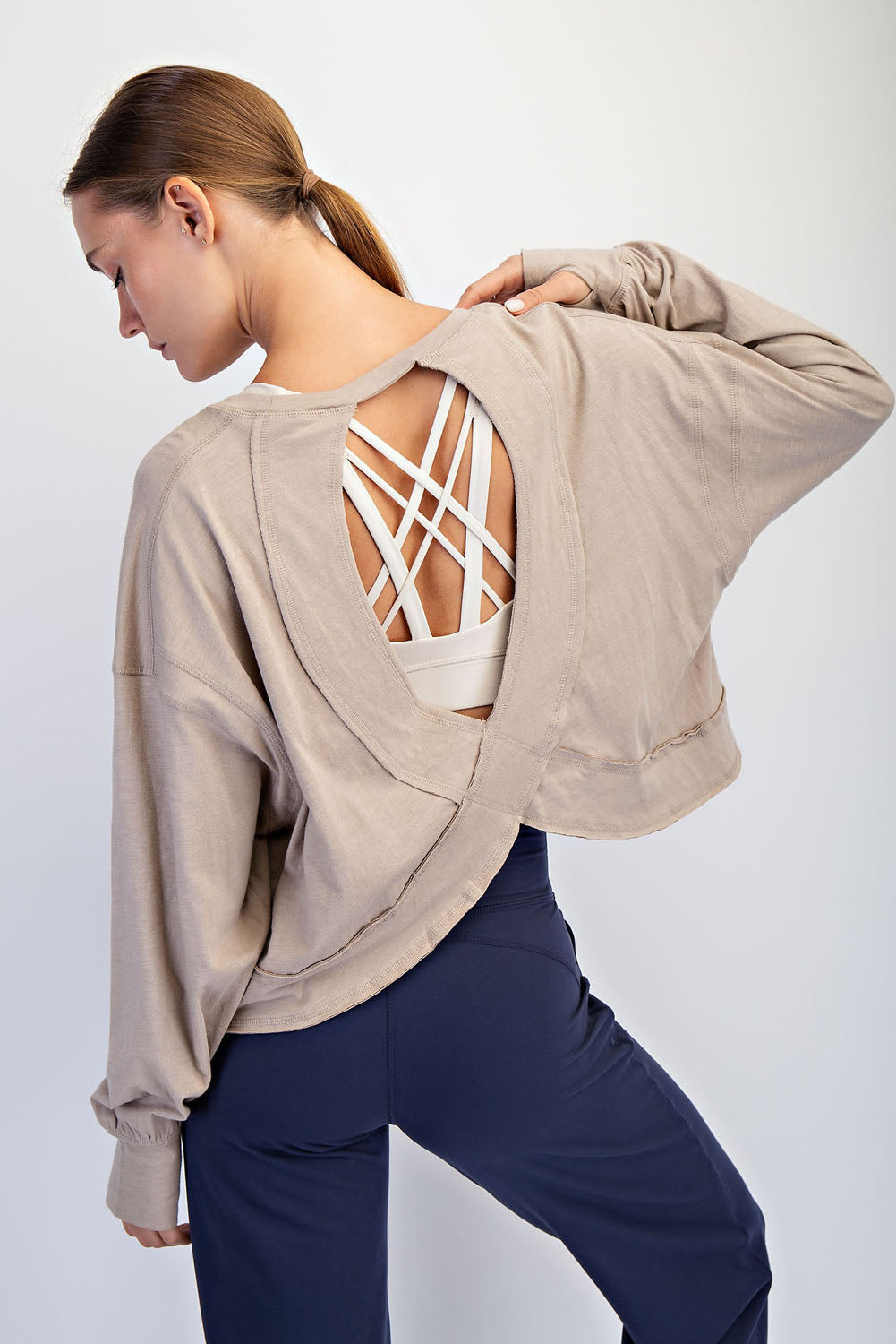 Open Back Long Sleeve Thumb Hole Top - Taupe